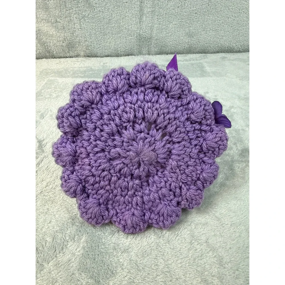 Handmade Purple Crochet Miniature Sun Hat Floral Ribbon Decoration Only 5.5 Inch